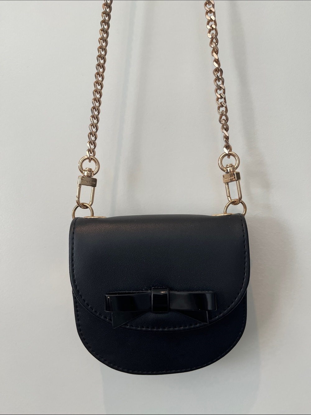Anne Klein Black Bow Detail Mini Wallet Cardholder w/ Gold Tone Chain Strap